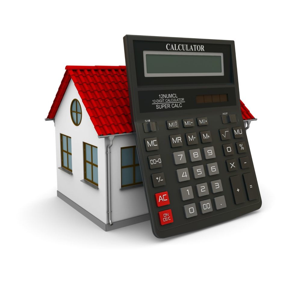 Calculator leaned on a little house with red roof. 3d rendering